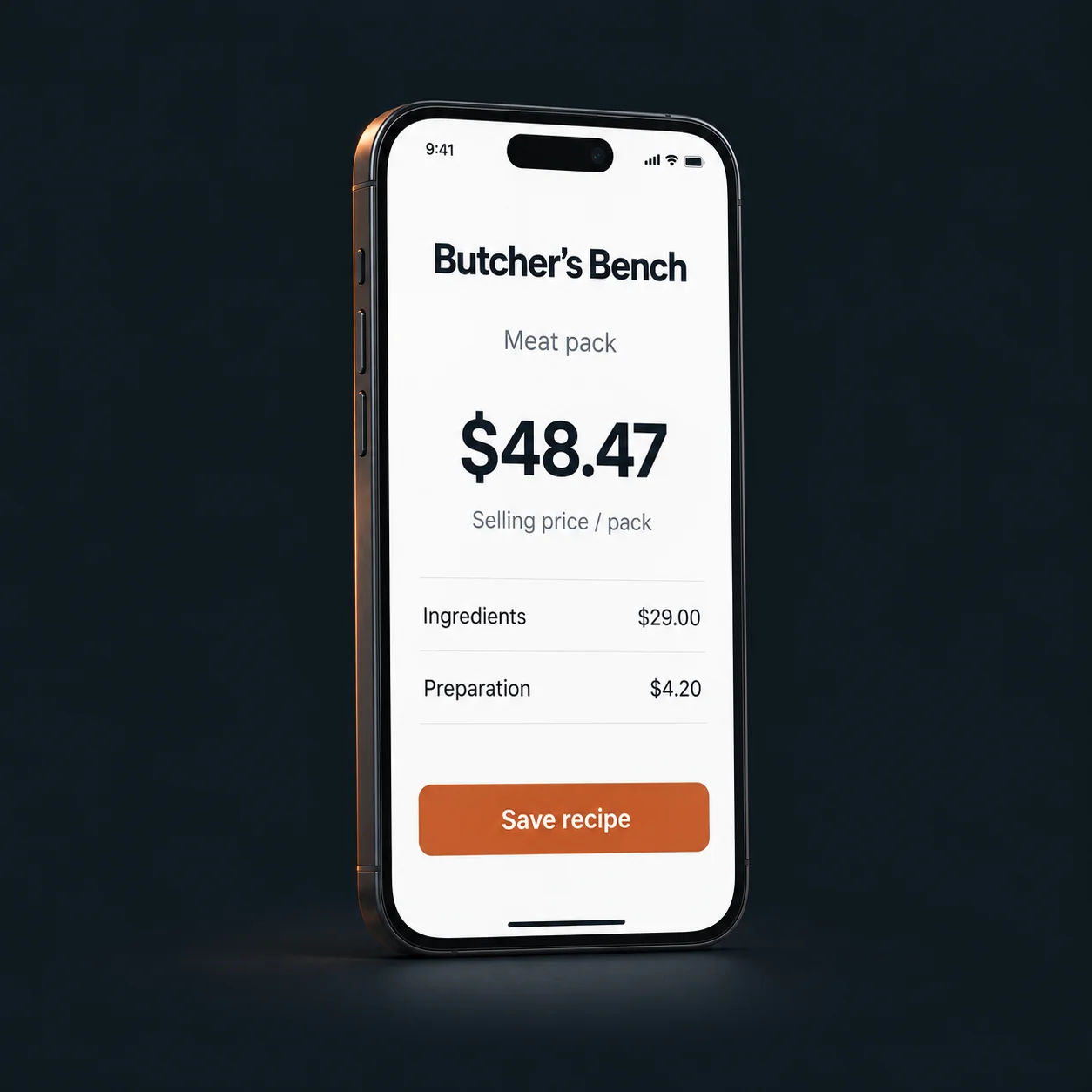Phone preview of Butcher’s Bench showing a meat pack target price of $48.47, with ingredient and preparation costs.